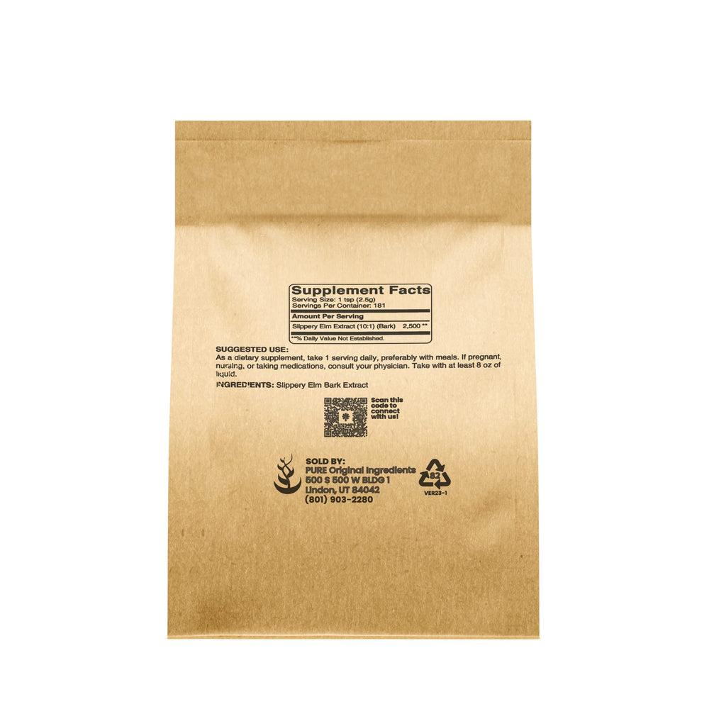 PURE ORIGINAL INGREDIENTS Slippery Elm Bark Powder mixed with hot water creates a soothing poultice.