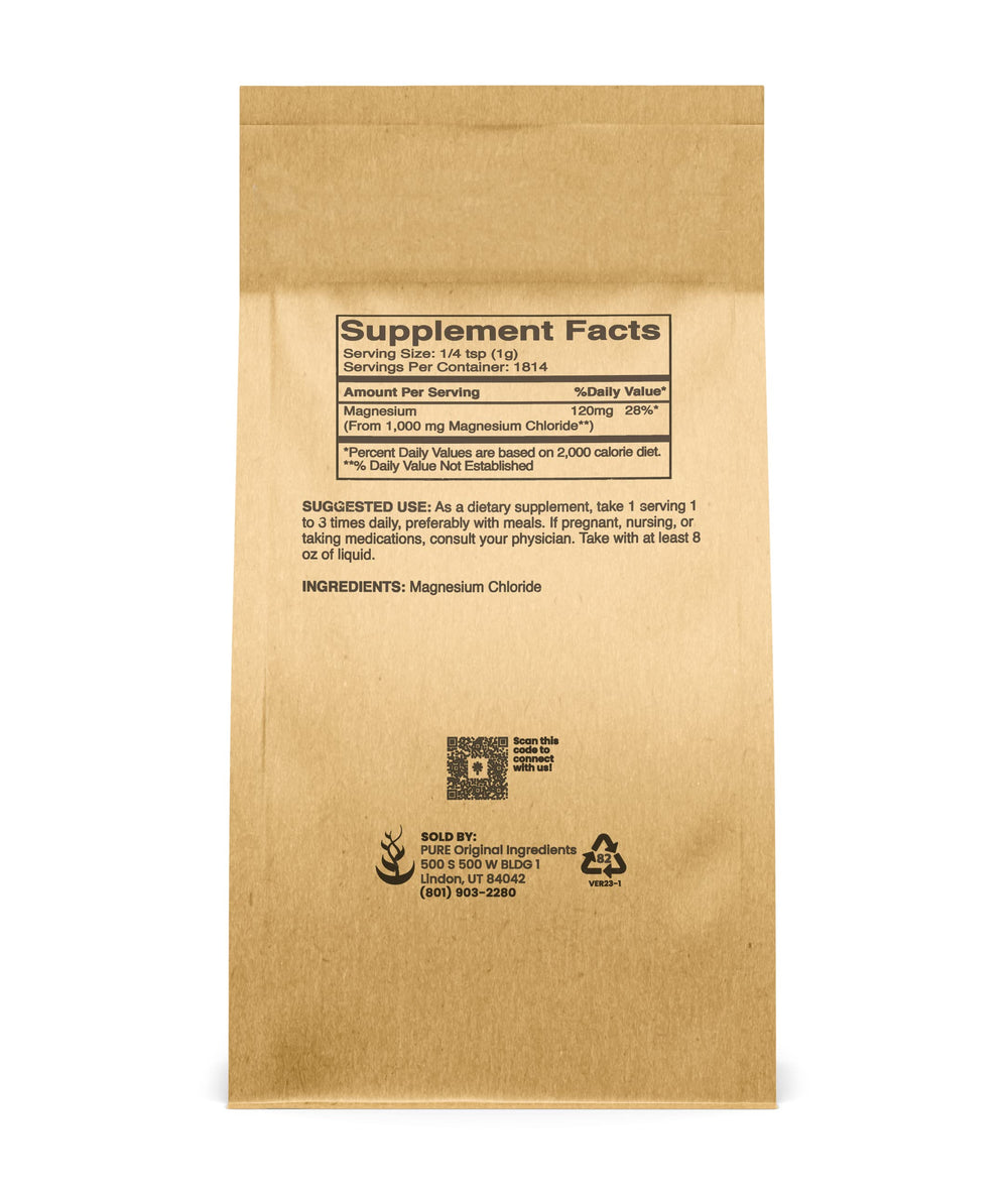 Pure Original Magnesium Chloride packaging highlights purity and no additives