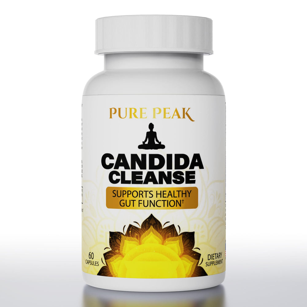 Pure Peak Candida Cleanse bottle front showing brand and capsule design for gut balance