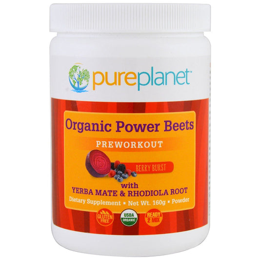 Pure Planet Organic Power Beets pre-workout berry burst tub energizes workouts.