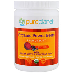 Pure Planet Organic Power Beets pre-workout berry burst tub energizes workouts.