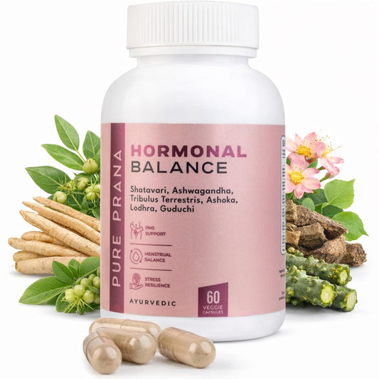 Pure Prana Hormone Balance bottle shown for daily adaptogen support and cycle harmony.