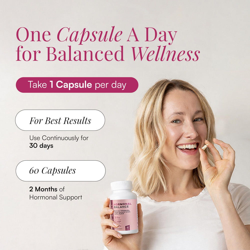 Pure Prana Hormone Balance capsules displayed for convenient daily use and menstrual support.