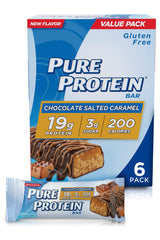 Pure Protein Bars Chocolate Salted Caramel pack front; high-protein snack on the go.