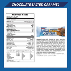 Pure Protein Bars nutrition label side shows gluten-free and low sugar profile.