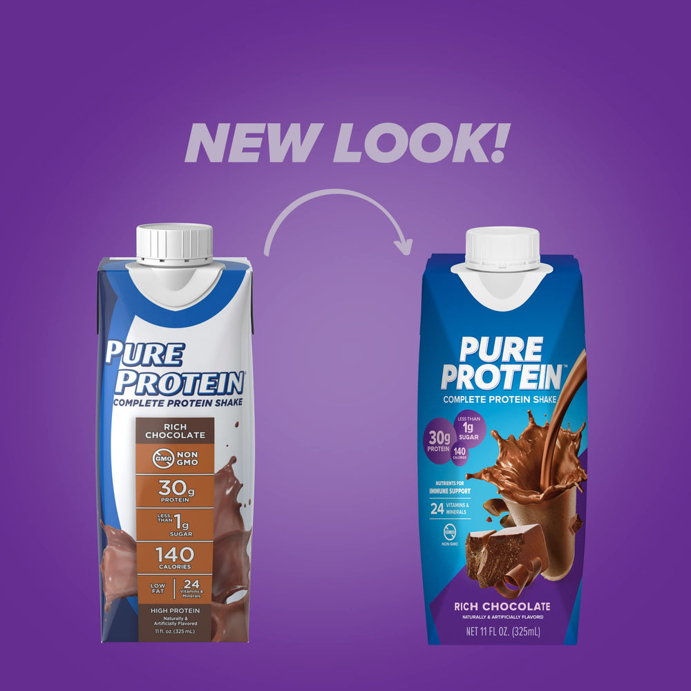 Pouring Pure Protein chocolate shake into a glass after workout.