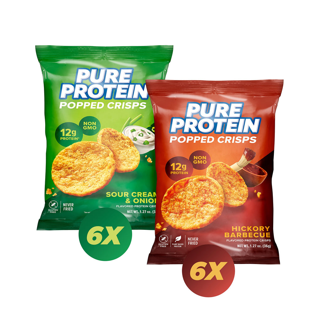Pure Protein Popped Crisps variety pack box of 12, convenient high-protein snack.