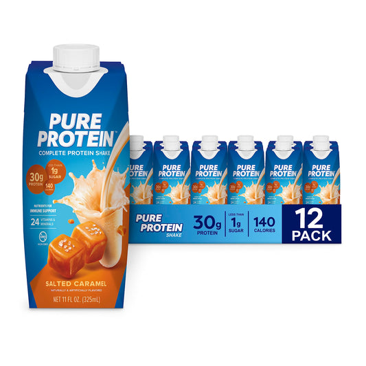 Pure Protein Salted Caramel Shake bottle showing 30g protein and low sugar.