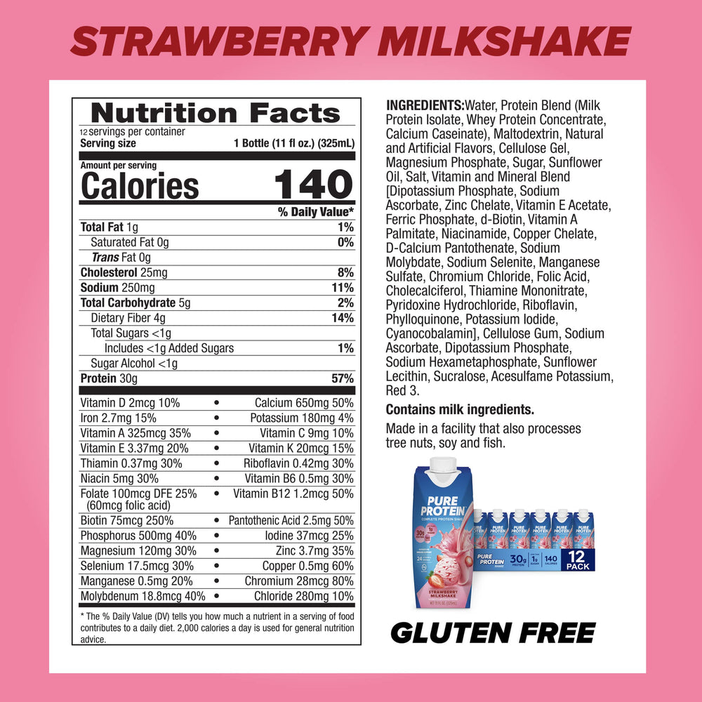 Pure Protein Strawberry Shake bottle side view highlighting keto-friendly, low sugar formula