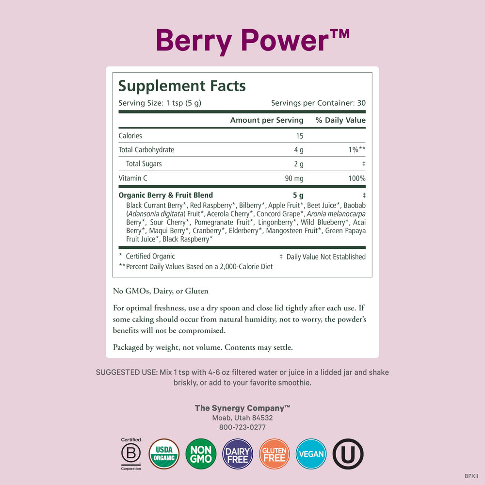 Pure Synergy Berry Power packaging highlighting vegan, non-GMO formula