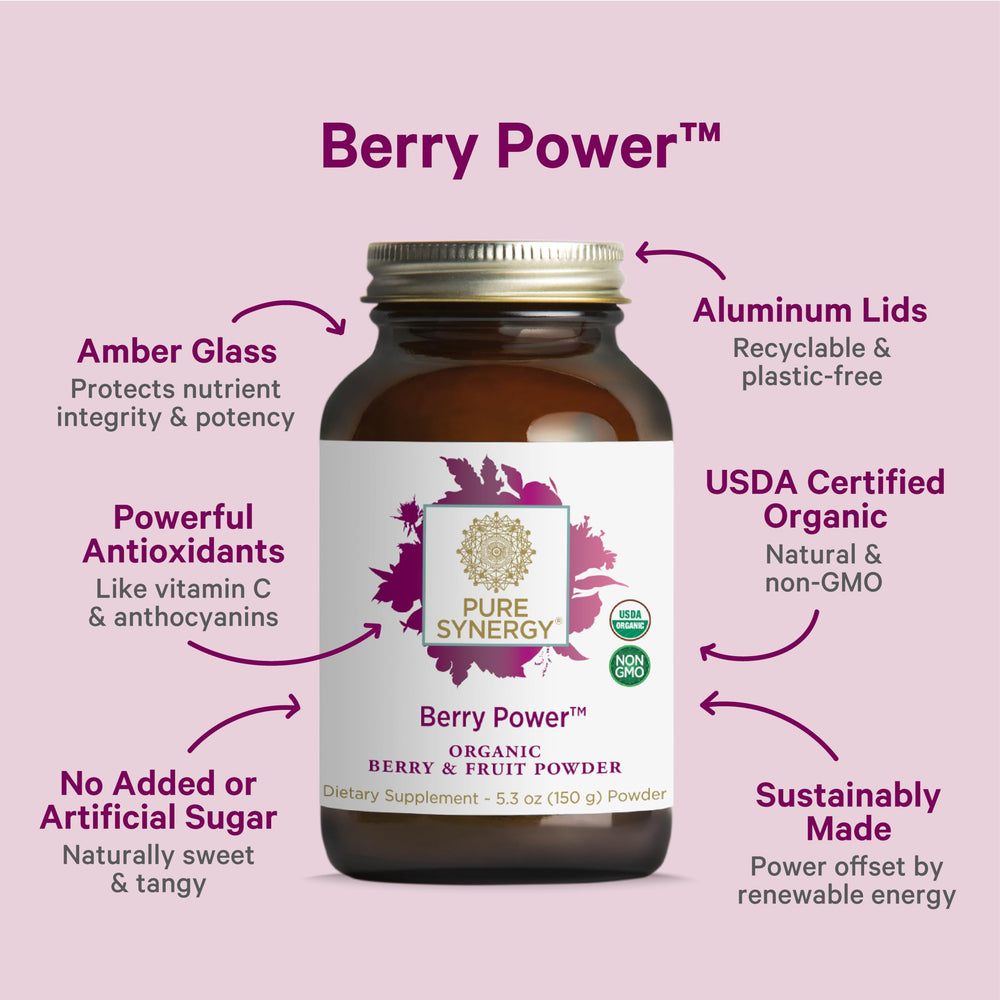 Pure Synergy Berry Power powder jar ready to blend into drinks