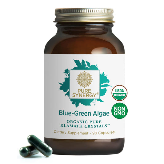 Pure Synergy blue-green algae capsules on display for daily energy.