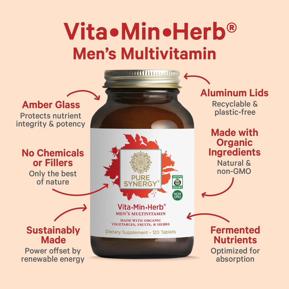 Pure Synergy men's multivitamin packaging highlights organic ingredients.