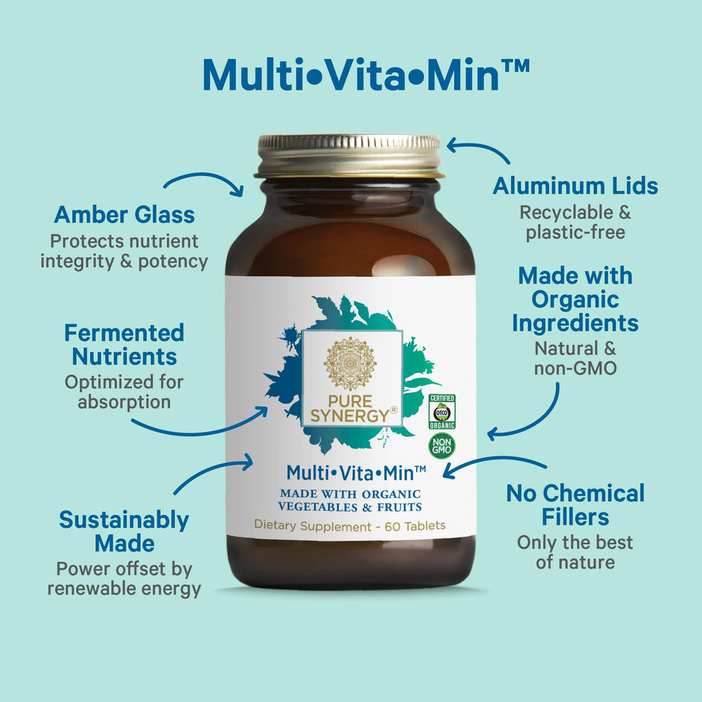 Pure Synergy Multi·Vita·Min bottle on kitchen shelf emphasizing vegan, organic formula.