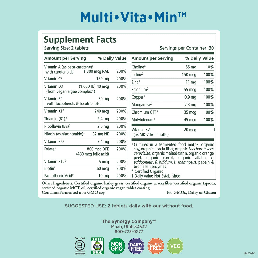 Pure Synergy Multi·Vita·Min tablets close-up highlighting organic whole-food ingredients.
