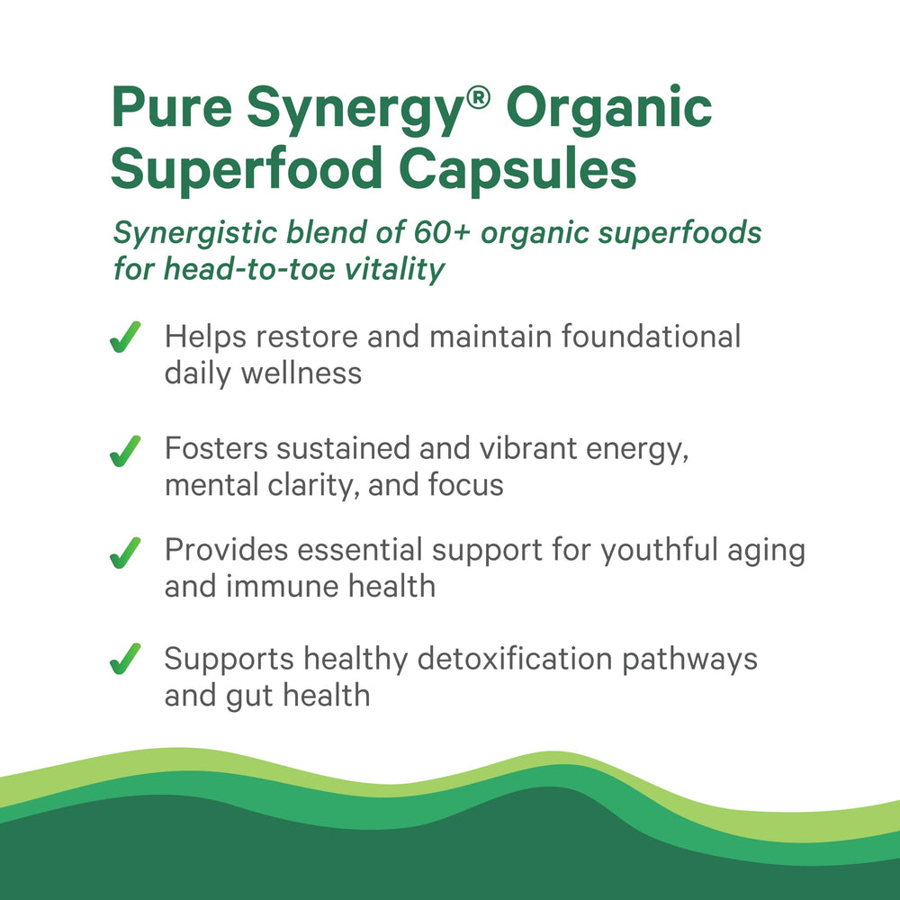 PURE SYNERGY packaging and ingredients panel showing 62 organic superfoods