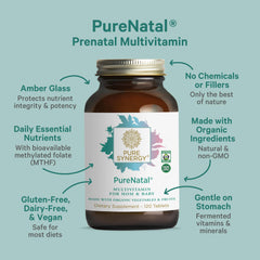 PURE SYNERGY PureNatal tablets closeup; fermented nutrients for gentle absorption.