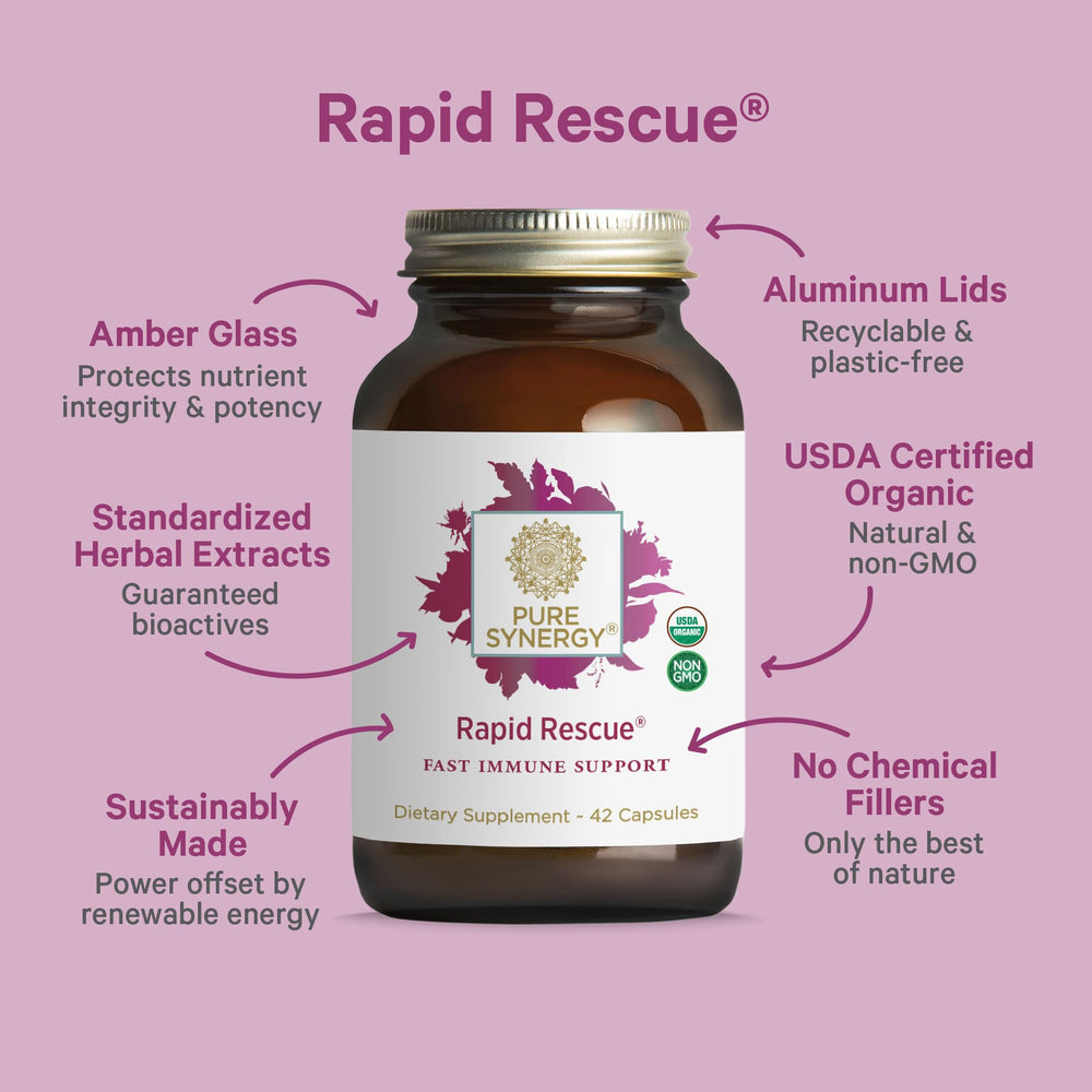 Pure Synergy Rapid Rescue label detail showing organic herbal blend