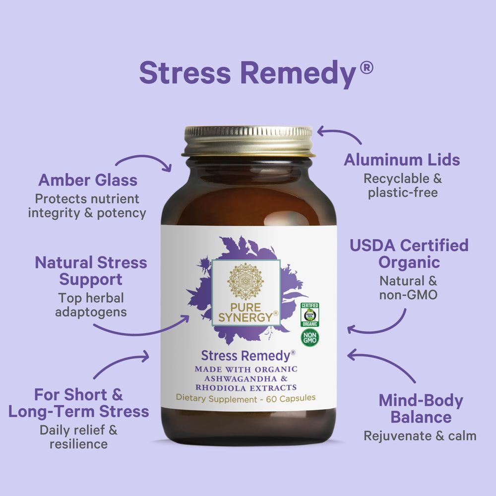Pure Synergy Stress Remedy label view highlighting organic ingredients.