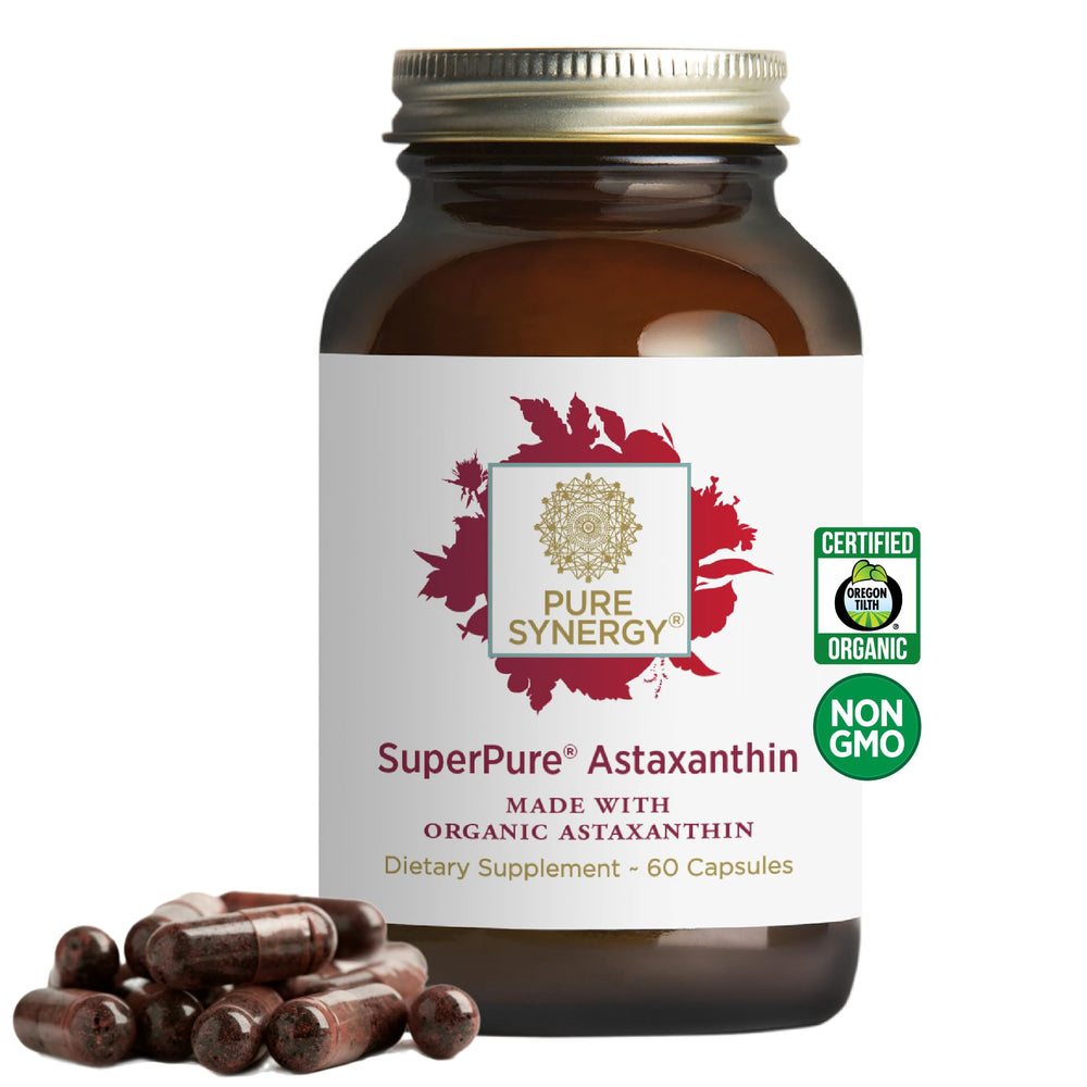 Pure Synergy SuperPure astaxanthin bottle showcases organic antioxidant support