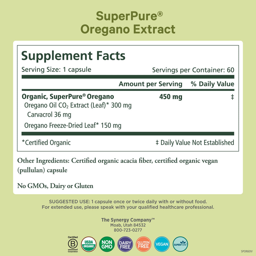 Pure Synergy oregano capsules close-up, convenient daily dose for digestive comfort.