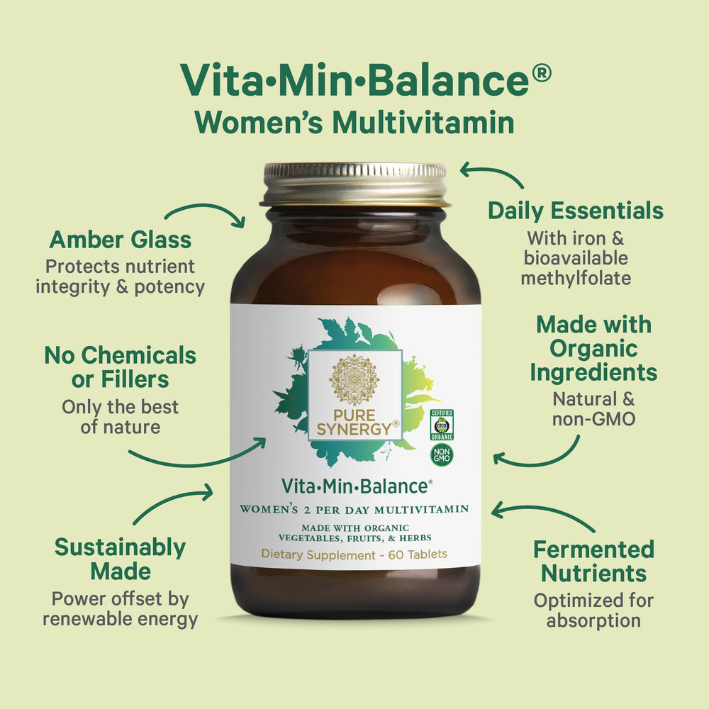 Vita·Min·Balance label showing organic ingredients and allergen information.