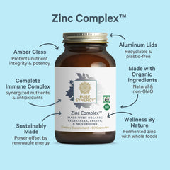 PURE SYNERGY Zinc Complex label detail emphasizes organic vitamin C and vegan ingredients.