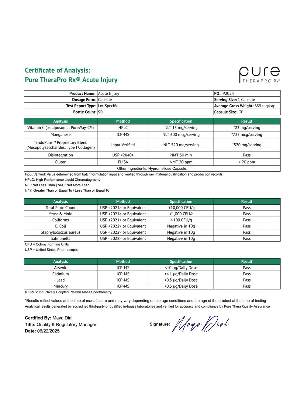 Pure Therapro Rx Acute Injury close-up label showing non-GMO and allergen-friendly formulation