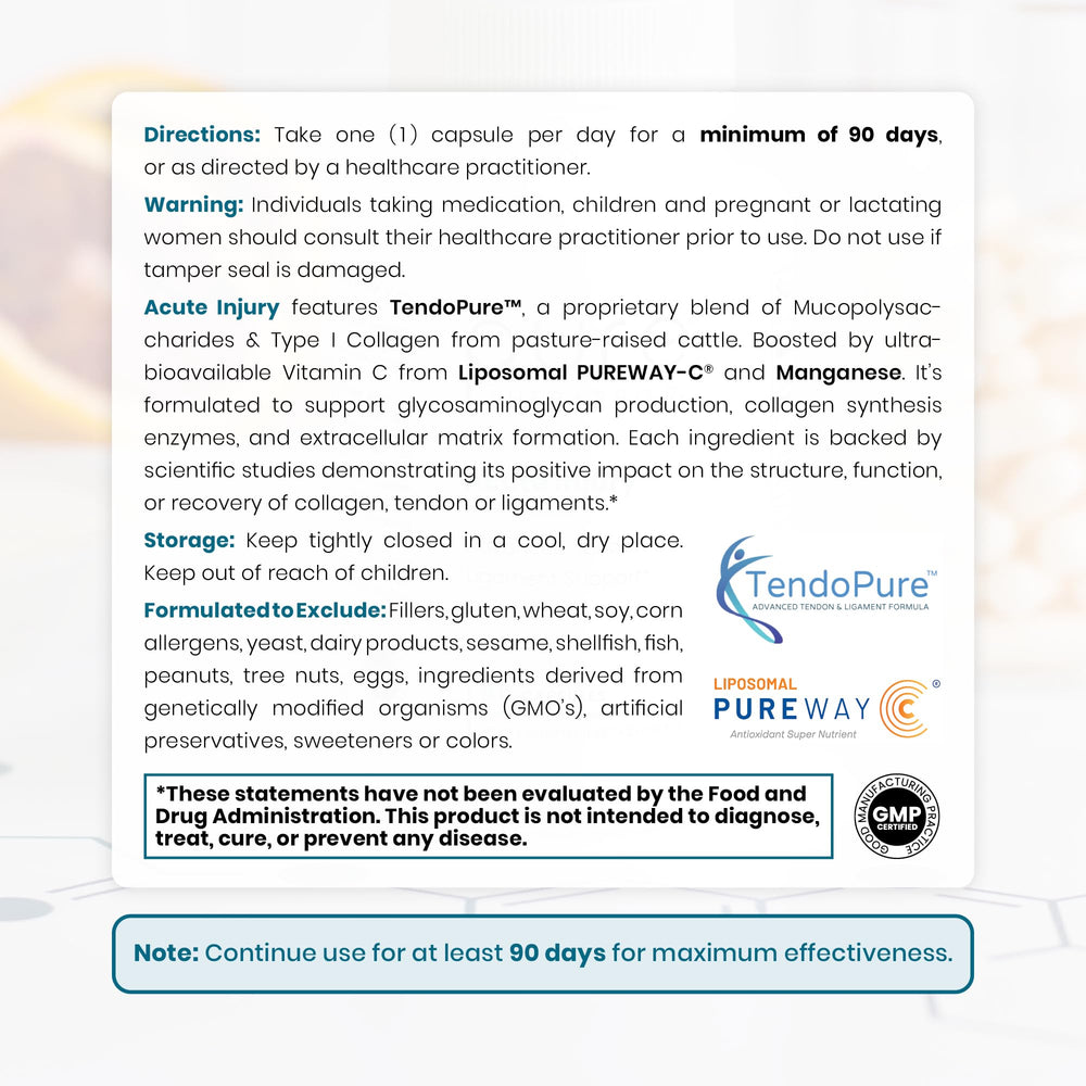 Pure Therapro Rx Acute Injury label close-up highlighting ingredients for tendon care