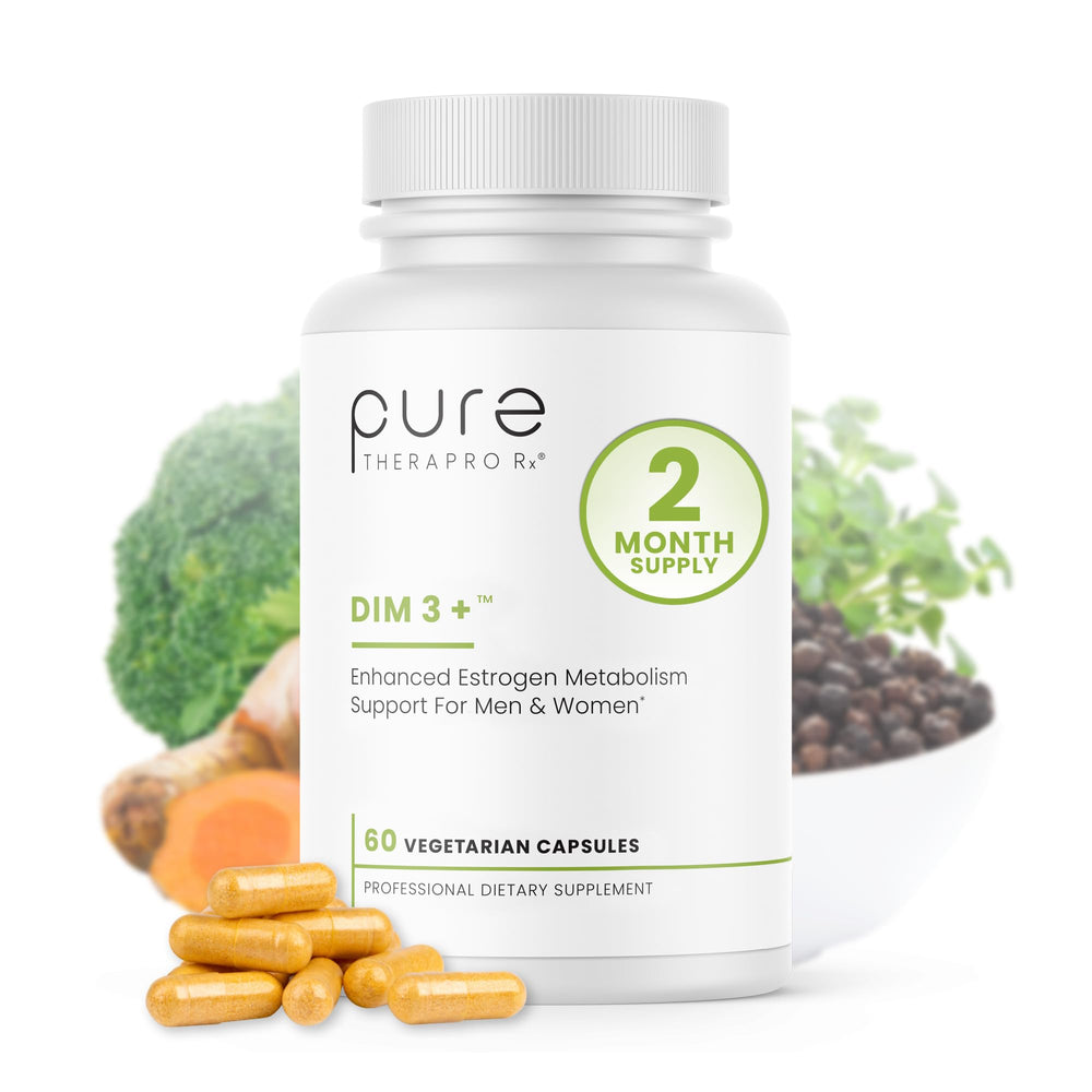Pure Therapro Rx DIM 3+ bottle front showing hormone balance and antioxidant blend