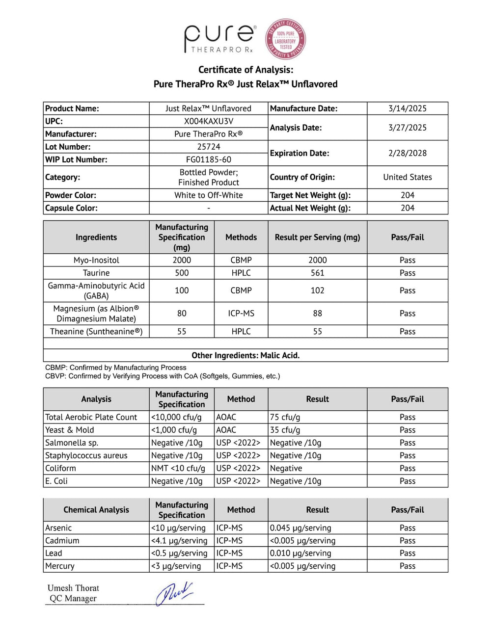 Just Relax ingredients panel featuring Myo-inositol, Magnesium, GABA and L-Theanine.