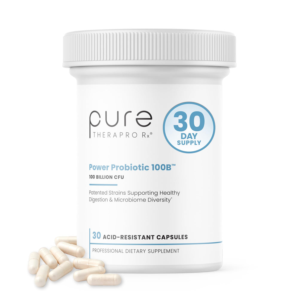 Pure Therapro Rx Power Probiotic 100B bottle with acid-resistant capsules for daily gut support