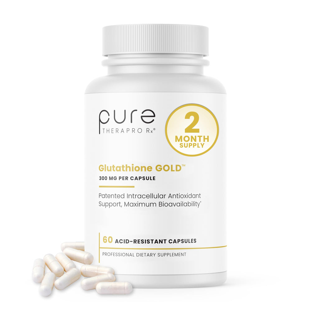Pure Therapro Rx S-Acetyl Glutathione Gold capsules close-up showing intracellular support from potent formula