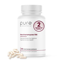 Pure TheraPro Rx Saccharomyces Boulardii bottle with 10B CFU capsules for daily gut balance.
