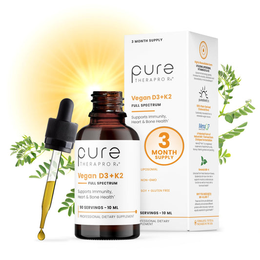Pure Therapro Rx vegan D3 + K2 liposomal bottle highlights purity.