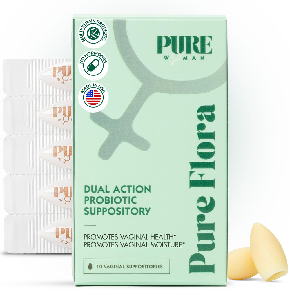 Pure Flora vaginal probiotic box and blister pack promote daily vaginal balance and gentle care.
