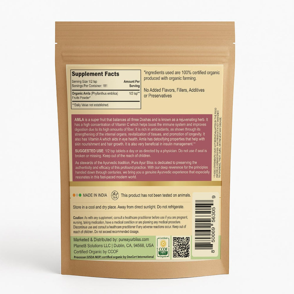 PureAyurbliss amla powder in bowl with fruit for daily vitality