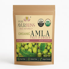 PureAyurbliss amla powder tin on white surface for daily nourishment
