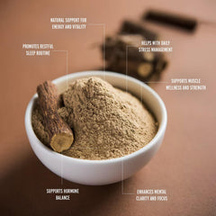 PureAyurbliss Ashwagandha powder being poured into a smoothie.