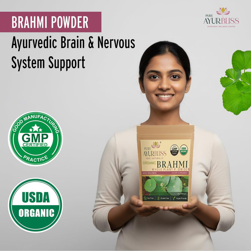 PureAyurbliss Brahmi powder closeup texture suggests natural potency.