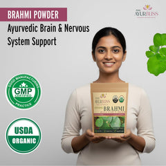PureAyurbliss Brahmi powder closeup texture suggests natural potency.