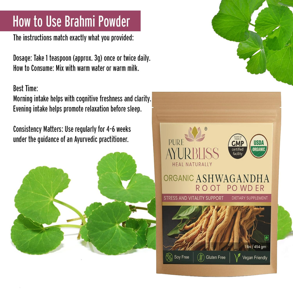 PureAyurbliss Brahmi powder spoon in bowl for dosing.