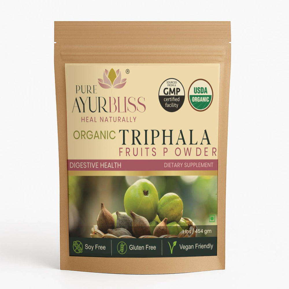 PureAyurbliss Triphala bottle with 16oz packaging for daily digestive support.