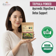 PureAyurbliss Triphala ingredients Amla Haritaki Bibhitaki shown together for gut-friendly traditional blend.
