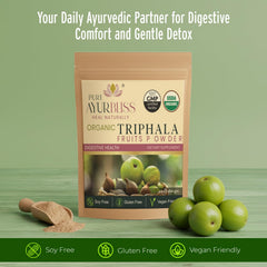 Close up of PureAyurbliss Triphala powder texture, earthy and fine for daily use.
