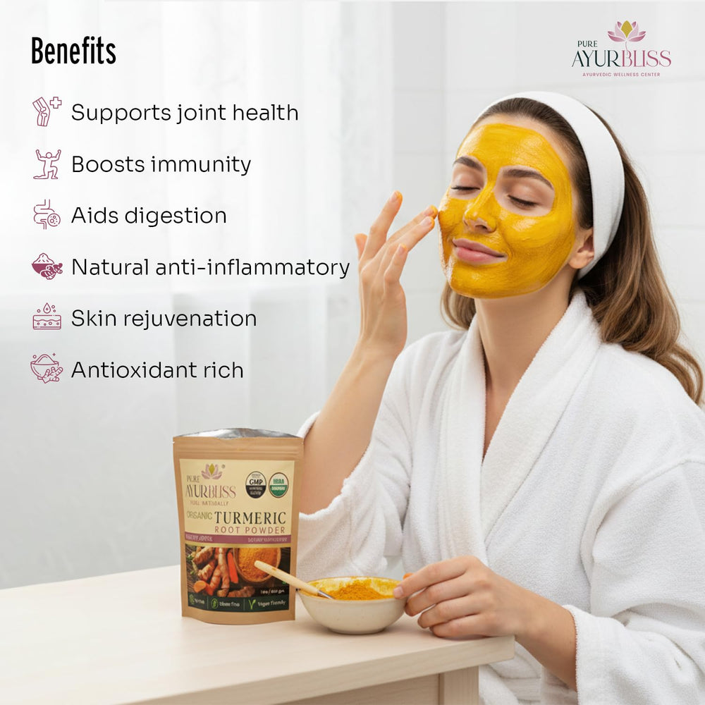 PureAyurbliss turmeric powder packaging detail emphasizes authenticity and aroma.