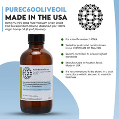 Lab-tested purity claim for PureC60OliveOil Carbon60 hemp oil in a secure container