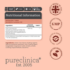 PureClinica Concentrated Green Tea tablet close-up showing 10,000 mg strength