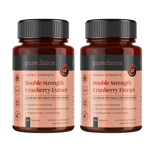 PureClinica Cranberry Extract 10,000mg tablets in a 360-pack for daily support.