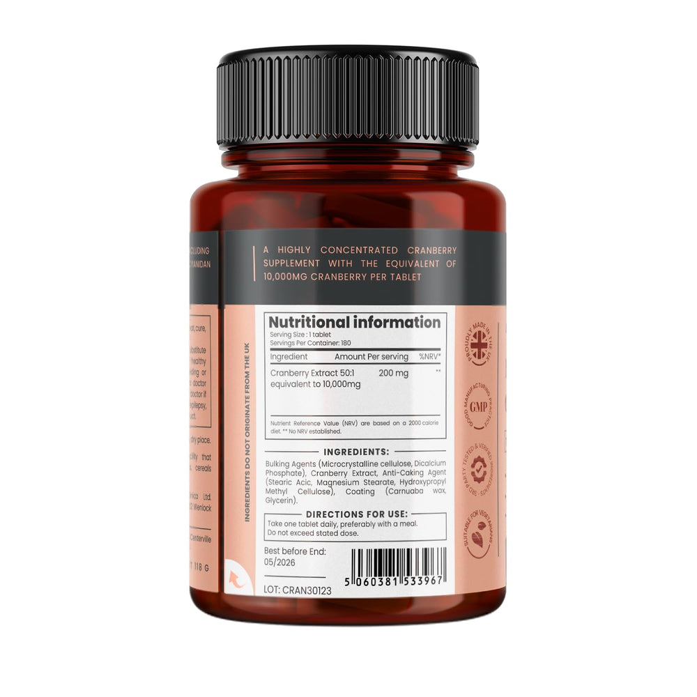 PureClinica cranberry bottle front view highlighting high-strength, sugar-free daily supplement.